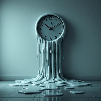 The primary subject of the image is a white clock with dripping icing, creating a messy and artistic scene. The clock is mounted on a wall, and the dripping icing appears to be melting or falling from it. The setting is a room with a blue wall, which adds to the overall atmosphere of the scene. The visual style of the image is a combination of photo and digital art, creating a unique and eye-catching display. The colors and mood of the image are predominantly blue and white, with the dripping icing adding a touch of red.